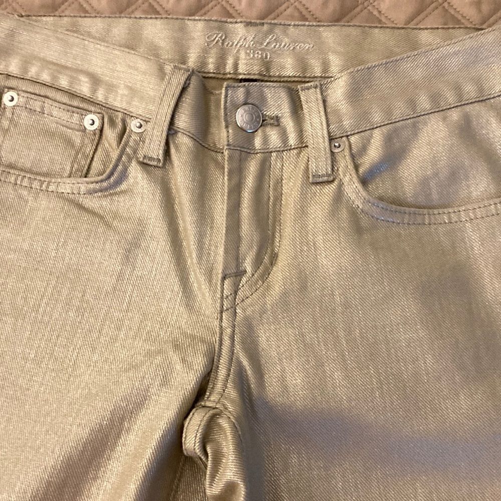 Ralph Lauren Collection 380 NWOT Metallic Mercury Gold Slim Bootcut Jeans. - Picture 2 of 8